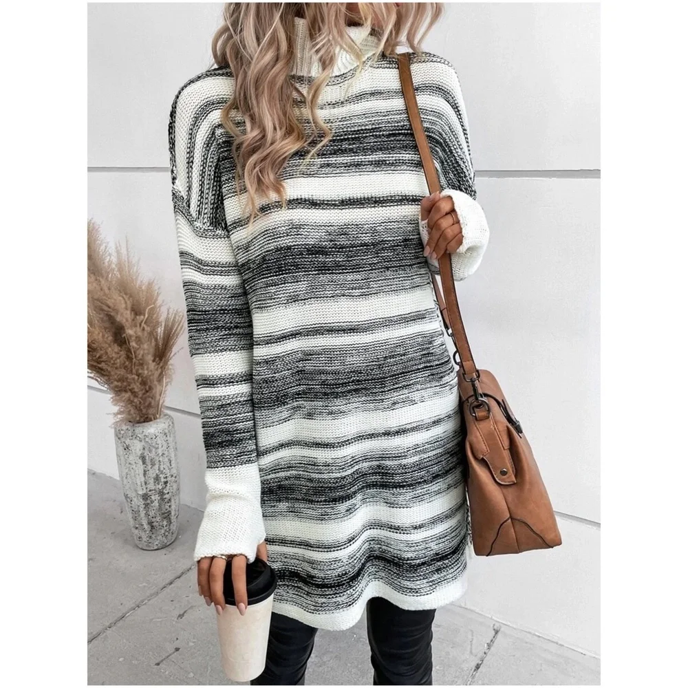 Cozy Turtleneck Striped Oversized Sweater Top - Picture 1 of 4